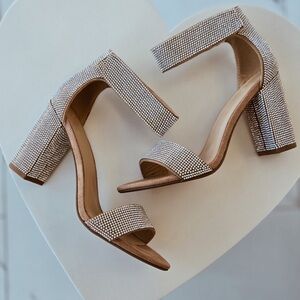 Taupe nude bedazzled rhinestone heels block heel